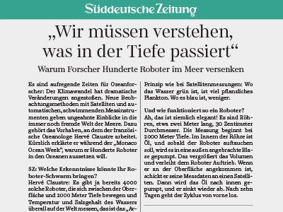 Press article : Warum Forscher Hunderte Roboter im Meer versenken, Süddeutsche Zeitung, April 2017, Germany
